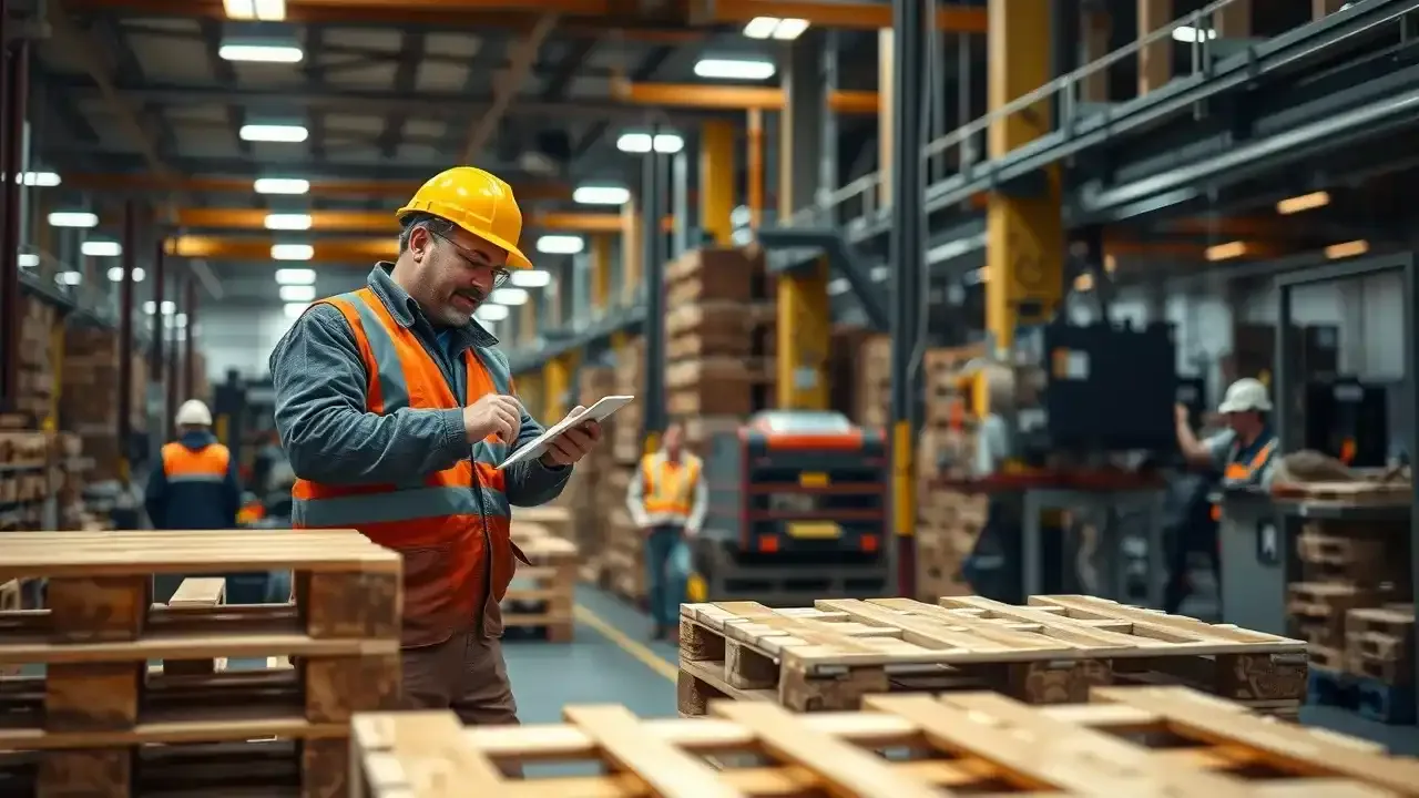 A worker in a safety vest and helmet uses a tablet in a warehouse filled with wooden pallets and industrial equipment.