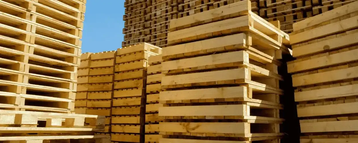 Rows of standard wooden pallets in an industrial yard