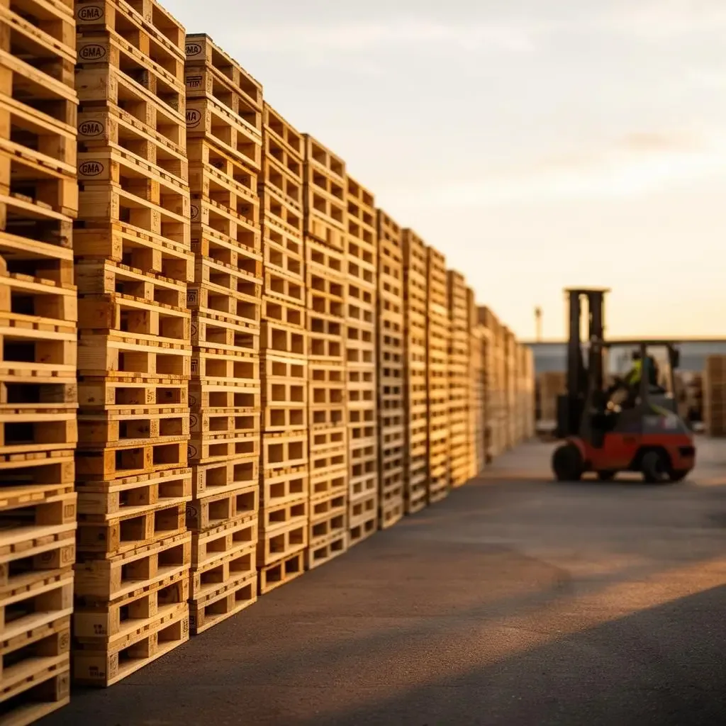 Stacks of wooden pallets in an industrial yard with a forklift