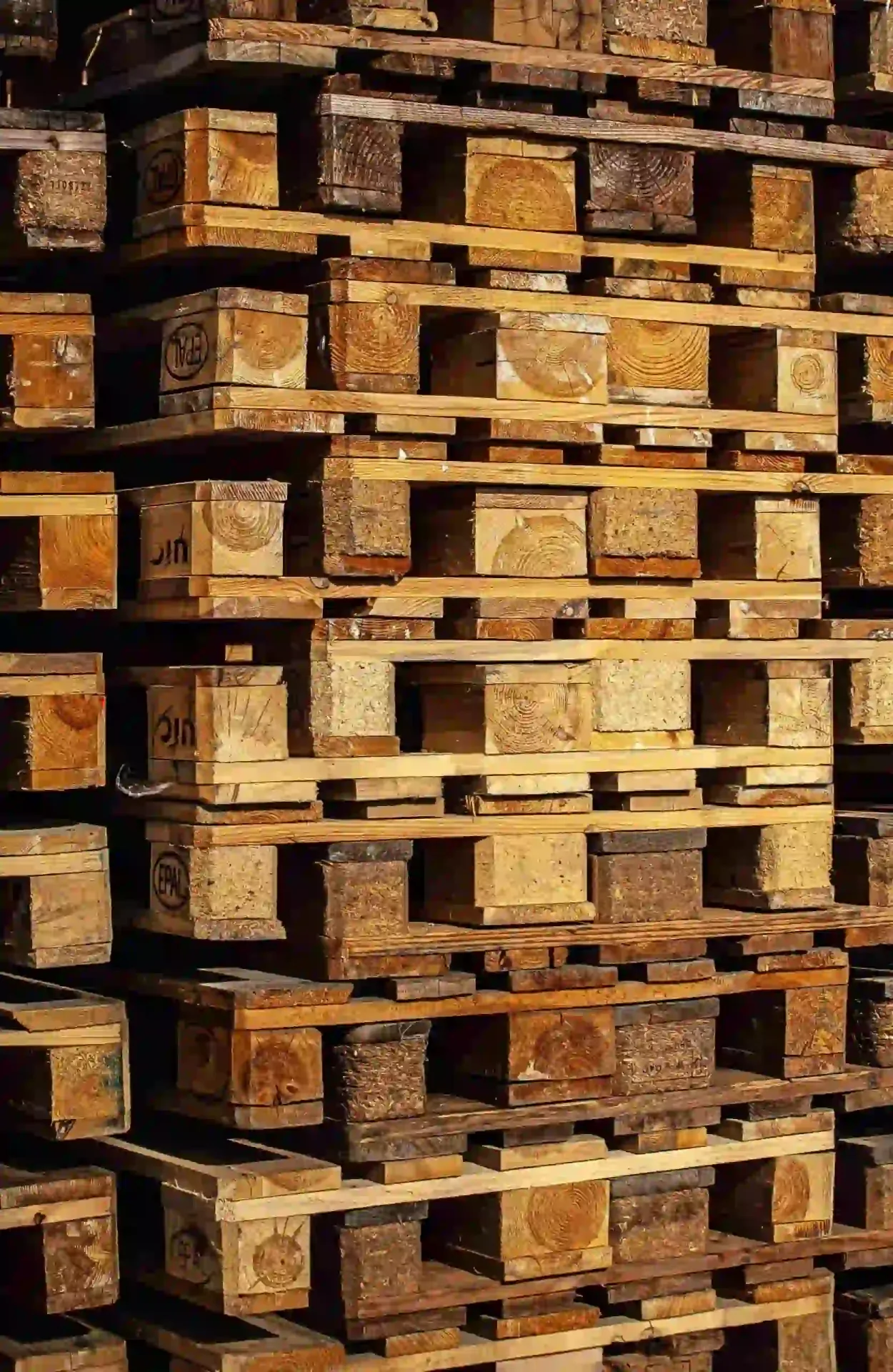 Orderly stacks of heat-treated wooden pallets